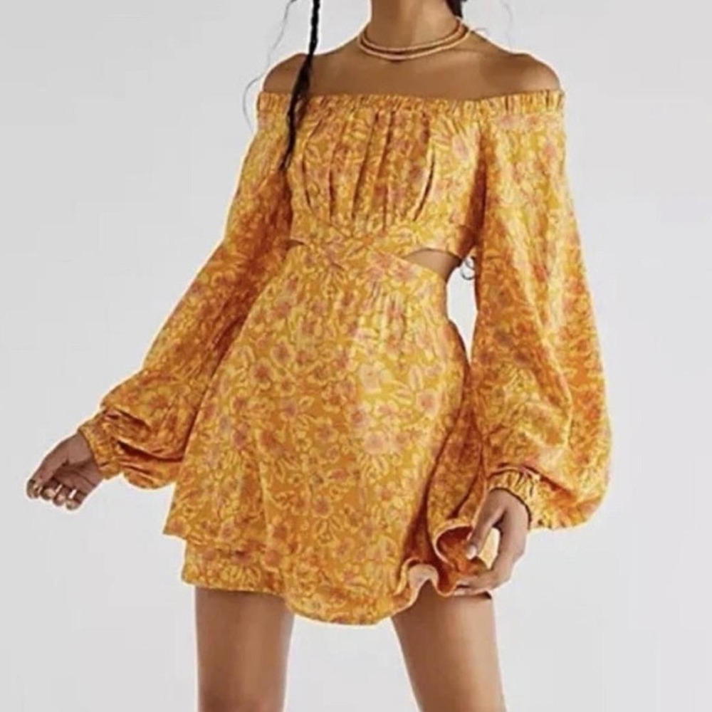 Free People Flower Fields Mini Dress Womens S Yellow Floral Boho NWT $128 Retail